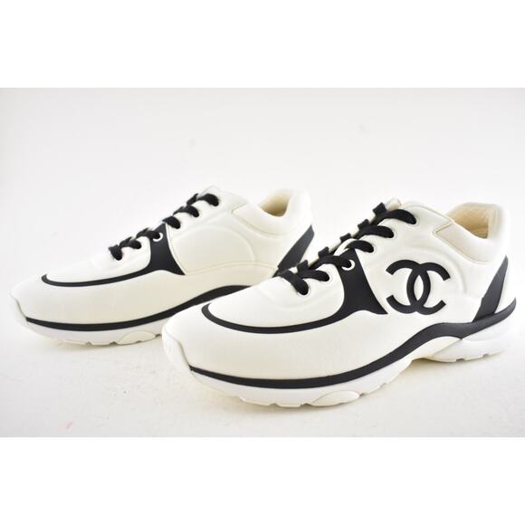 Chanel 20C Men White Black Neoprene CC Logo Low Top Runner Trainer Sneaker 44 11 - Picture 10 of 12